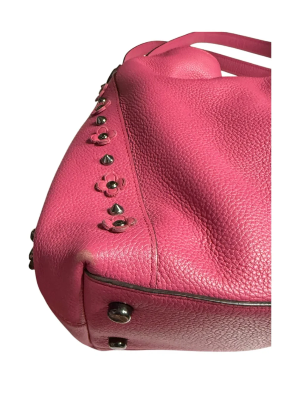 Coach Pink Edie Shoulder Bag with Floral Accents & Rivets in Pebbled Leather